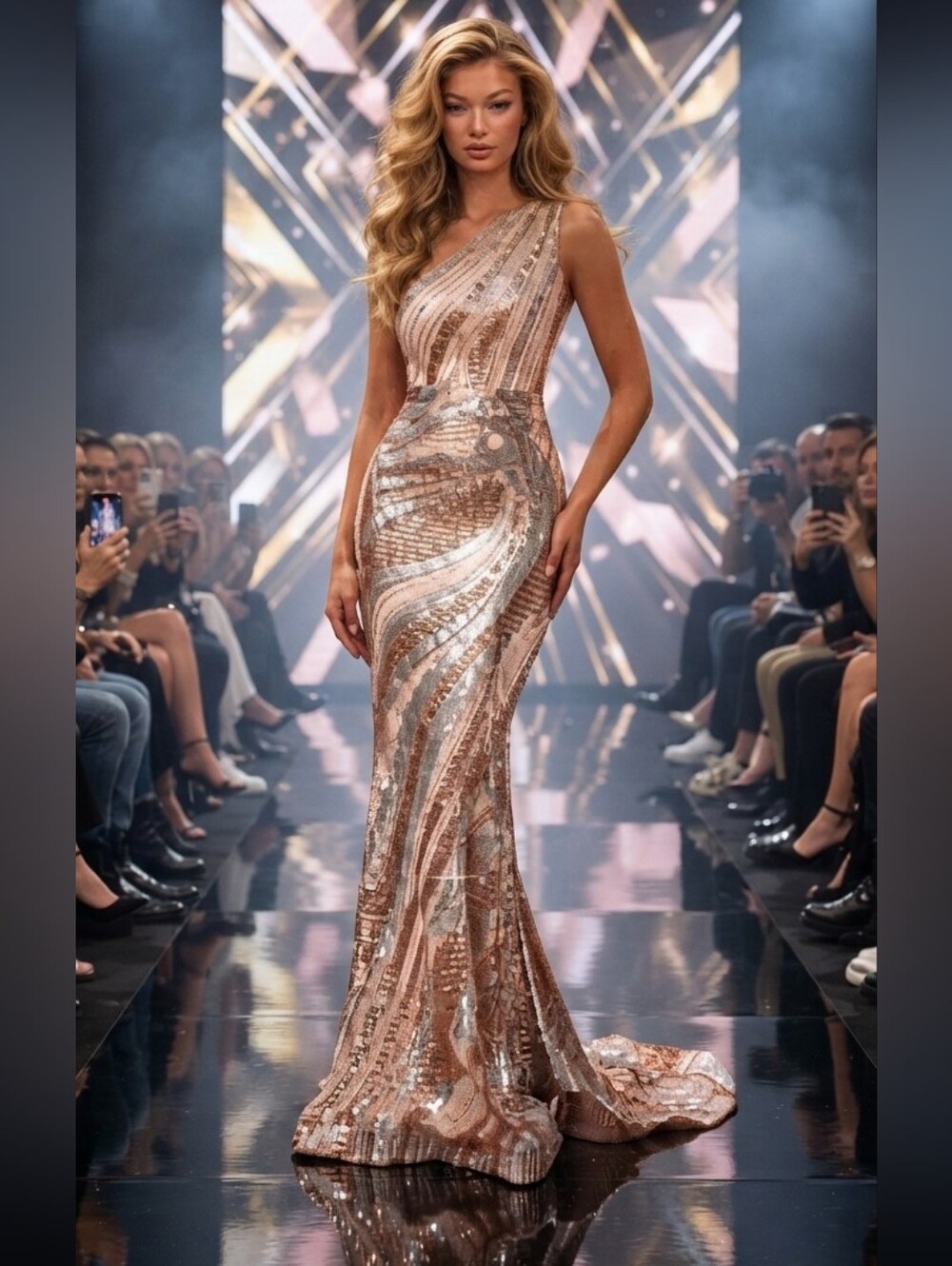 One-Shoulder Rose Gold Sequin Evening Gown